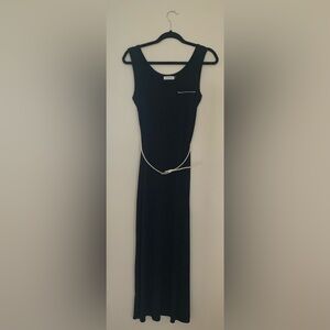 Calvin Klein Elegant Black Sleeveless Maxi Dress with White Belt